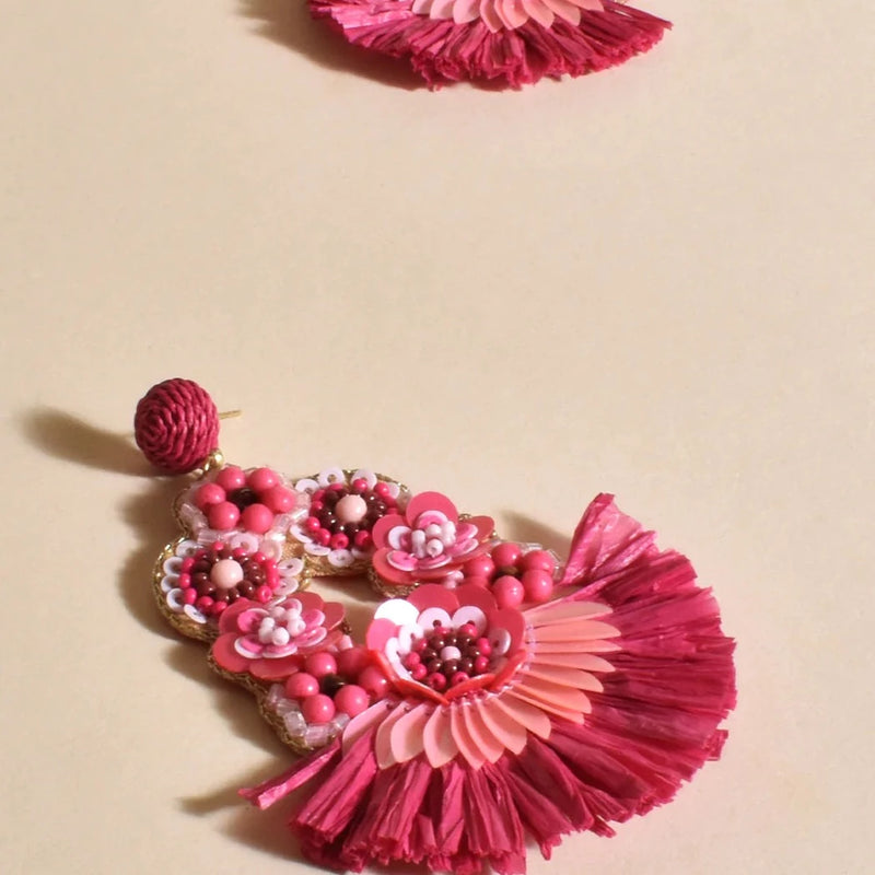 Adorne | Sequin Fringe Statement Earrings - Hot Pink