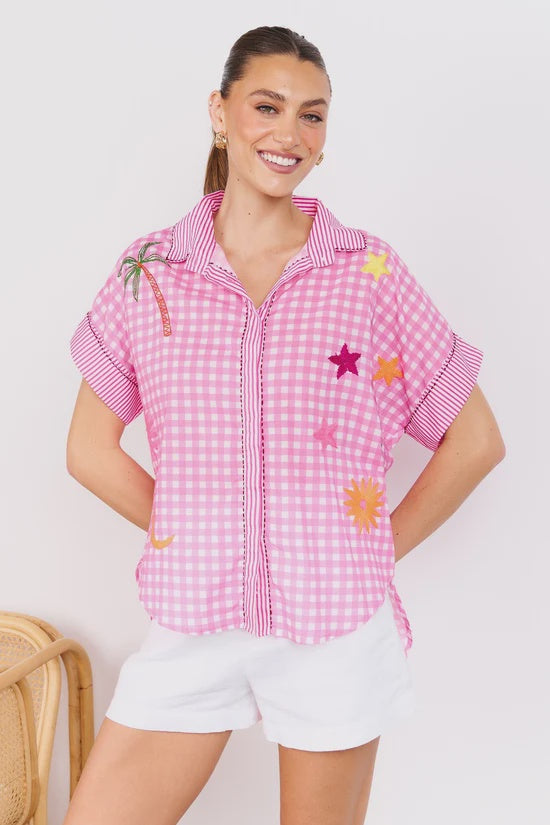 Be Happy Embroidered Cotton Pink Shirt