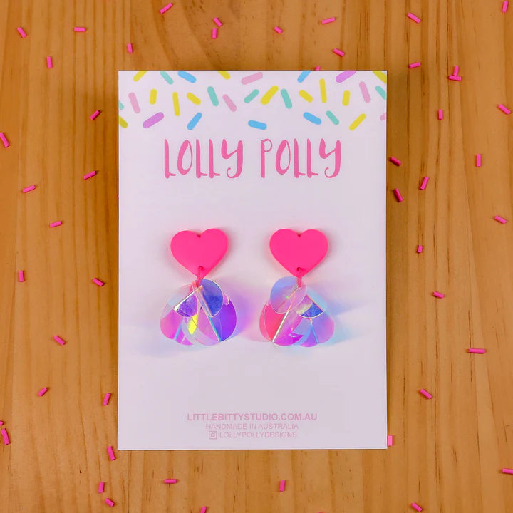 Lolly Polly |  Part Heart Studs - Dreamhouse - Bubblegum & Sequin Bubbles