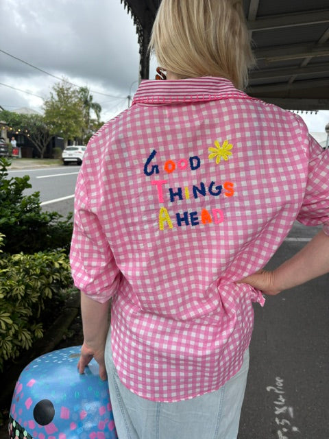 Good Things Ahead Embroidered Cotton Pink Shirt