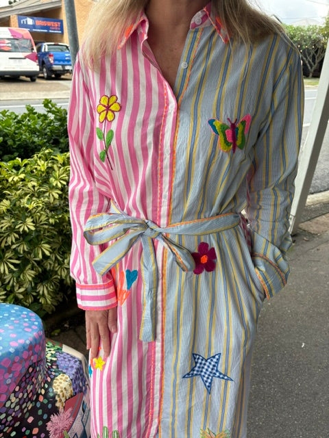 Be Happy Embroidered Cotton Shirt Dress
