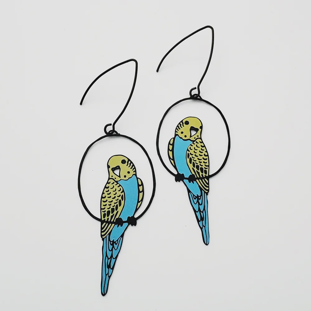 Denz | Budgie earrings in Black/Blue/Yellow
