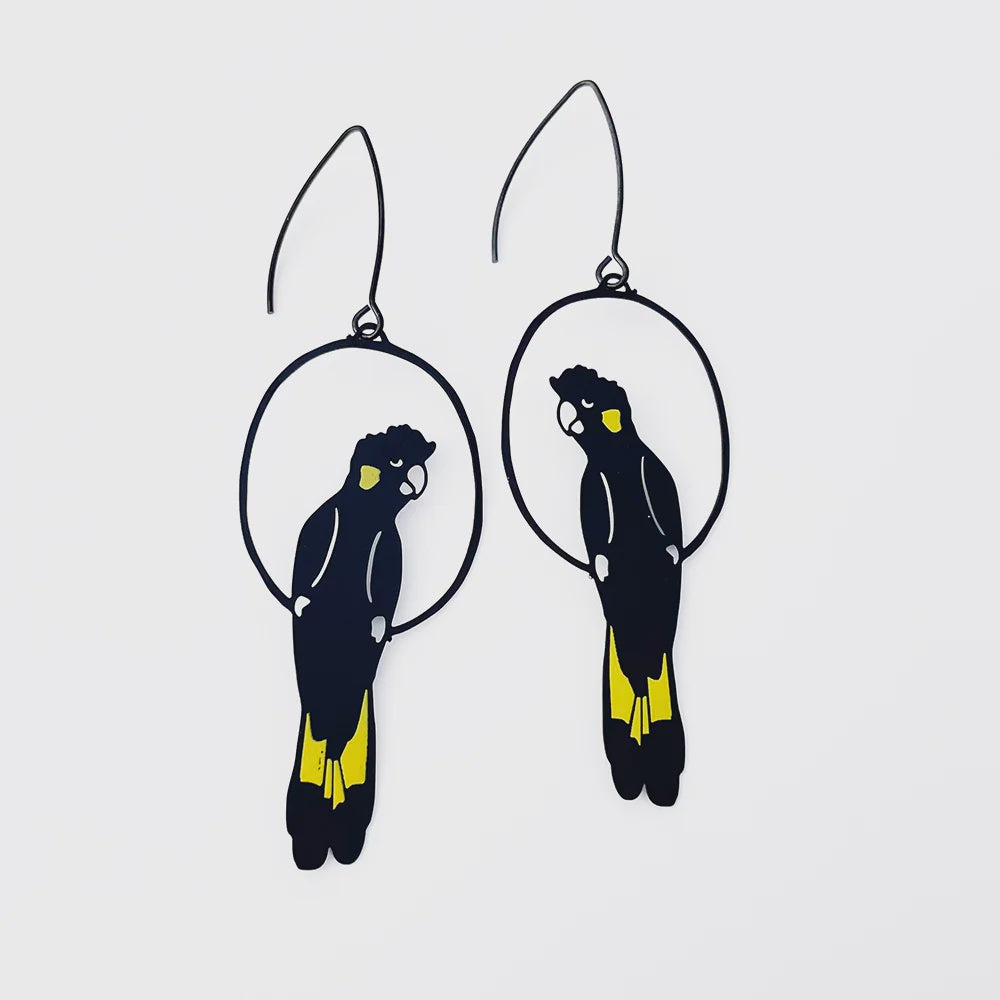 Denz | Yellow Tailed Black Cockatoo earrings in Black/Yellow