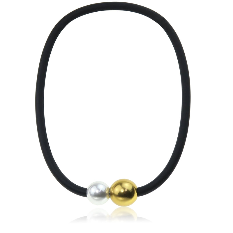 Black rubber cord necklace with metal and pearl bead