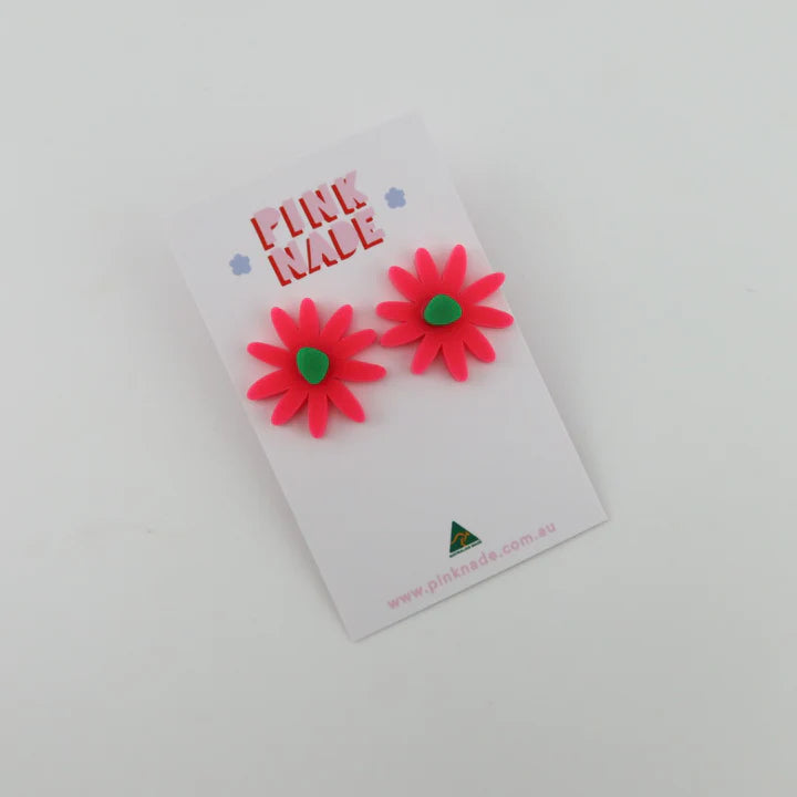 Pink Nade |**CLIP ON** Daisy Remi Hot Pink/ Green Statement Stud