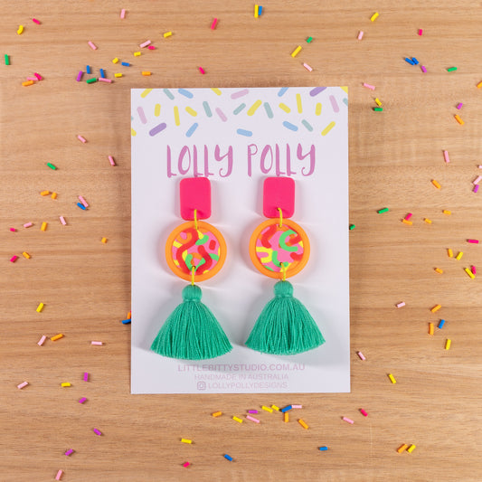 Neon Orange Statement Green Tassle Drops
