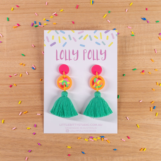 Double Circle Neon Orange Statement Green Tassle Drops