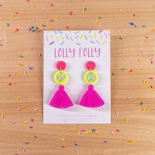 Double Circle Neon Yellow Statement Pink Tassle Drops