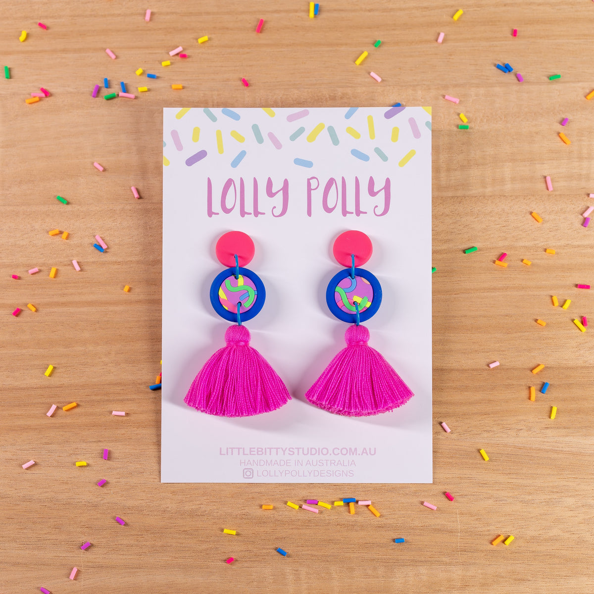 Double Circle Neon Blue Statement Pink Tassle Drops