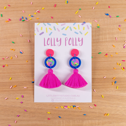 Double Circle Neon Blue Statement Pink Tassle Drops