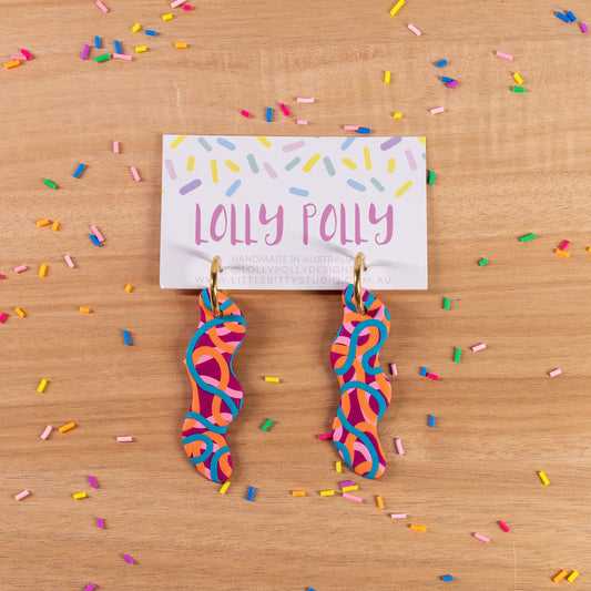 Blue, Orange, Pink, Maroon Wave Hoops