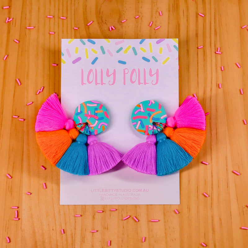 Lolly Polly | Audrey Studs (Multi) - Havana - Pink, Orange, Blue and Purple Tassels