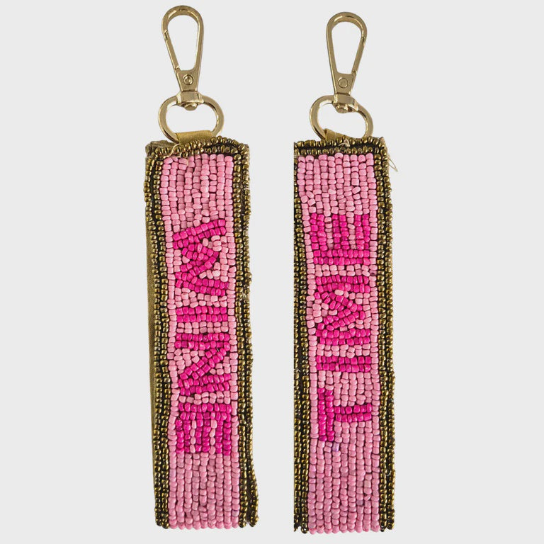 Wine Time Pink Beaded Keychain