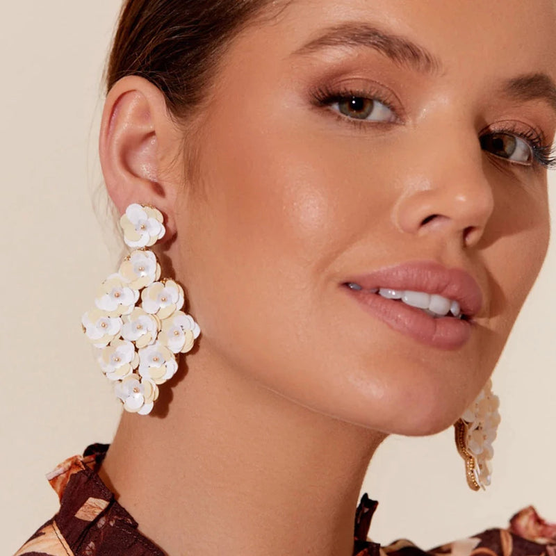 Adorne |  Flower Sequin Earrings | White/ Cream
