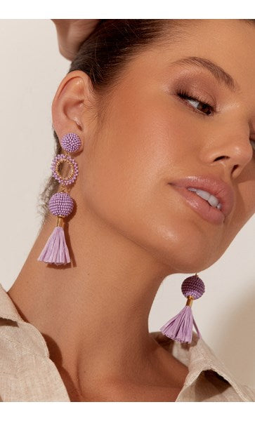 Adorne | Tassel Drop Bead Earrings - Lavender