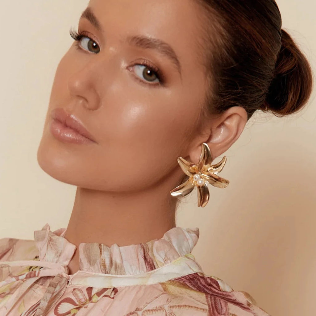 Adorne | Blooming Lily Statement Earrings - Gold