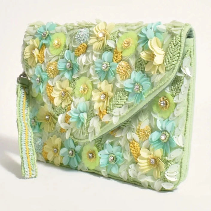 Adorne | Sequin Floral Fold Over Clutch