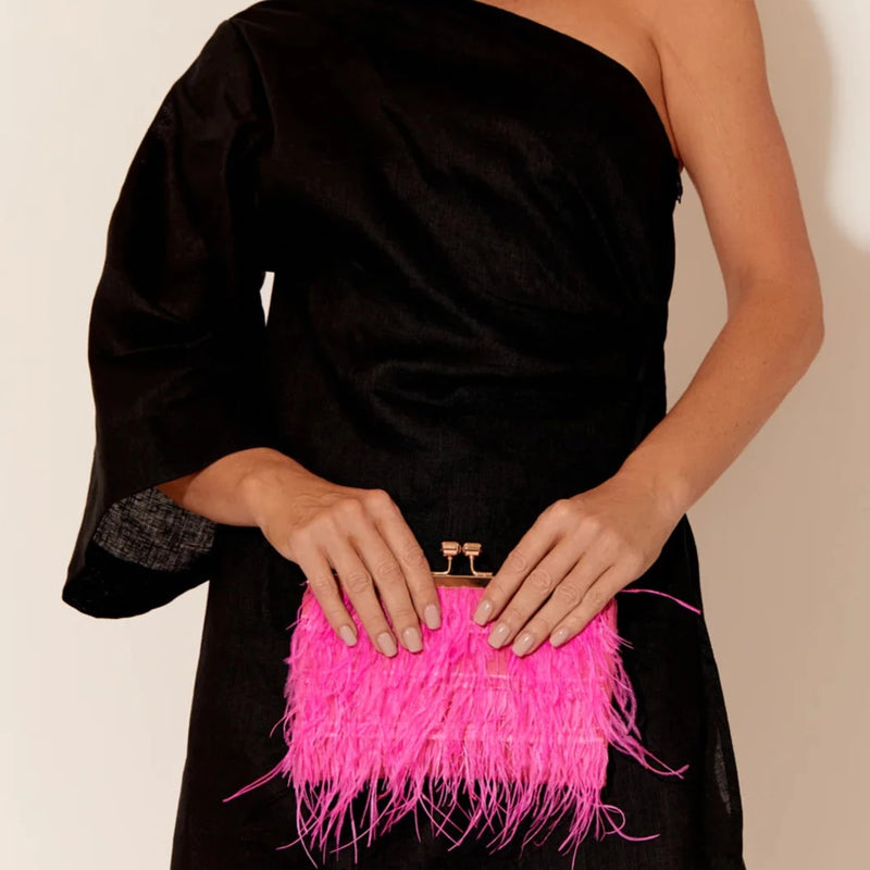 Adorne | Feather Front Clutch - Hot Pink