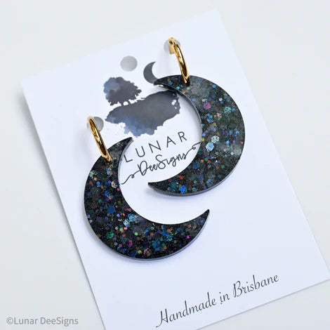 Lunar Dee | Crescent Moon Hoops - Holo Black Sparkle