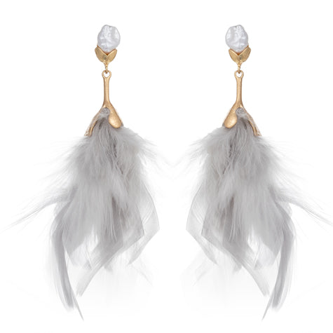 Fiesta earrings | Grey Feathers & Pearl