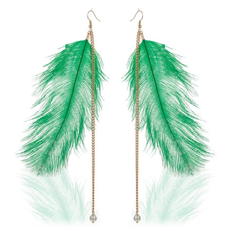 TID | Feather Dangles with gold chain drop  Earrings Green