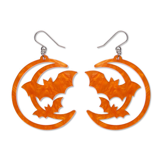 Moon & Bats Drop Earrings - Orange
