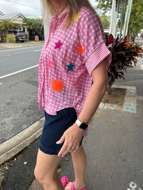 Be Happy Embroidered Cotton Pink Shirt