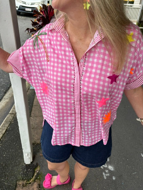 Be Happy Embroidered Cotton Pink Shirt