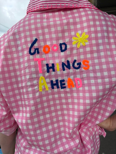 Good Things Ahead Embroidered Cotton Pink Shirt