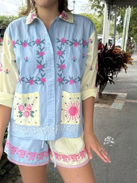 Blue & Yellow Embroidered Cotton Shirt