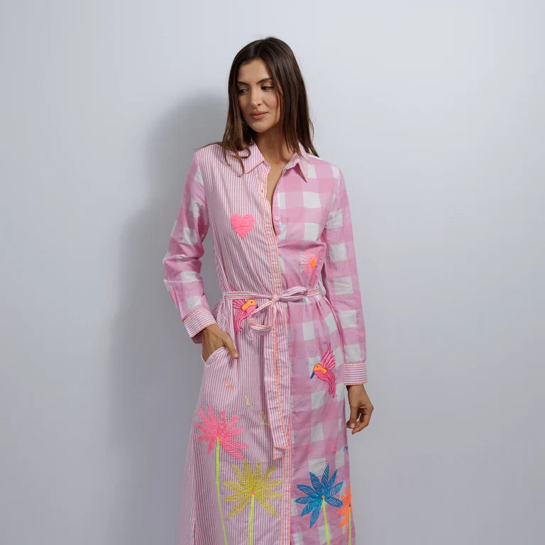 Pink Paradise Embroidered Cotton Shirt Dress