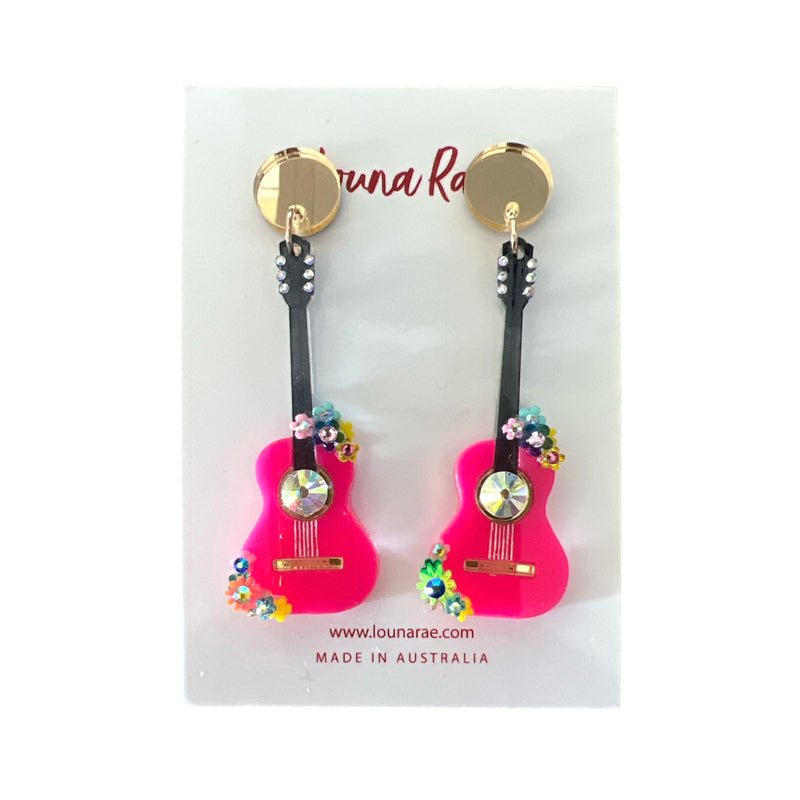 Louna Rae | Guitar Dangle Earrings - Hot Pink