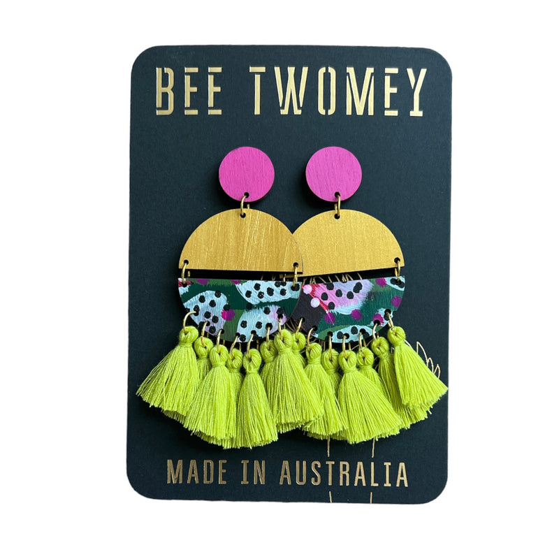 BEE |  Multi Tiered Earrings with Lime Green Tassles