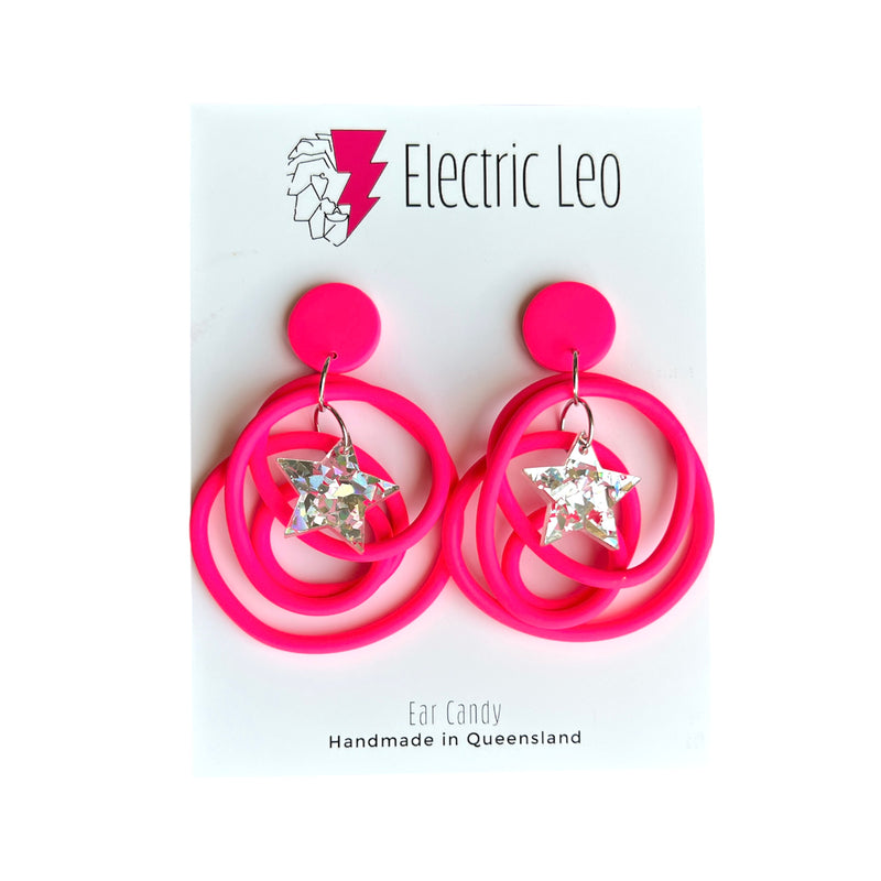Electric Leo | Big Squiggle Stars - Neon Pink & Silver Glitter