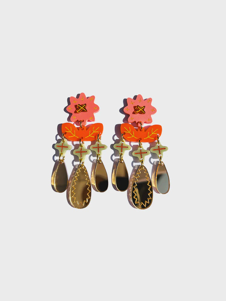 Concrete Jellyfish | Crazy quilt bloom | statement | pink orange earring