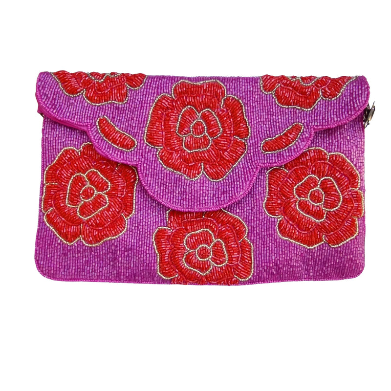 Zoda Clutch | Pink with Red Beaded Flowers