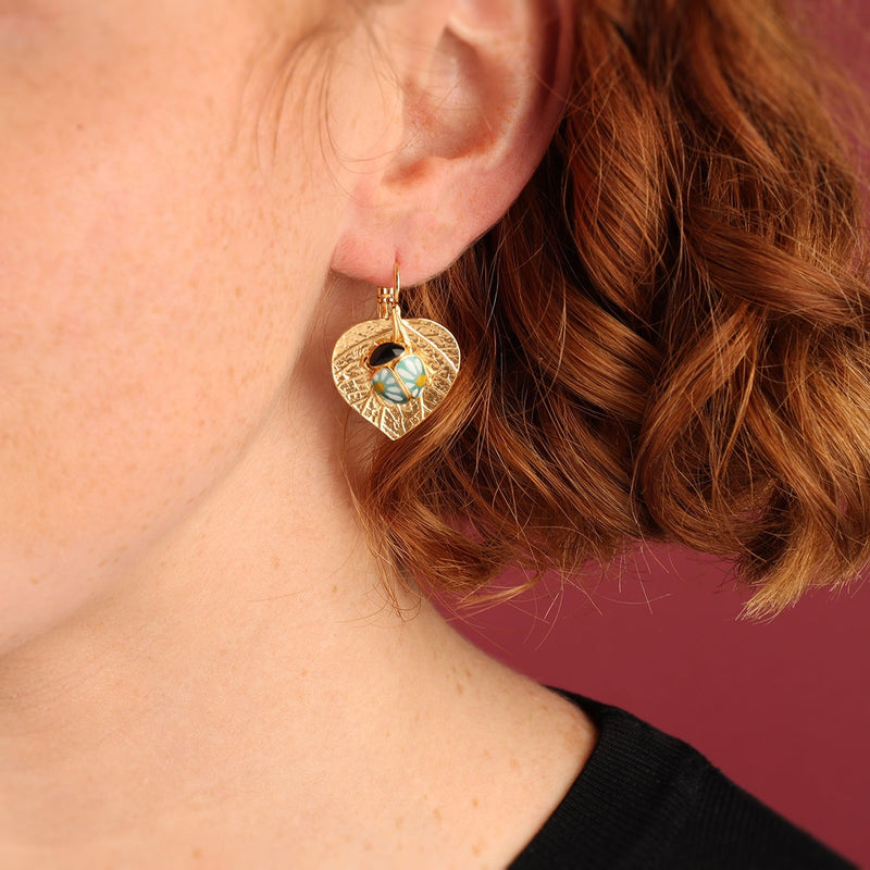 Taratata | Lever back earrings fantaisie - Cox - Green on Gold Leaf