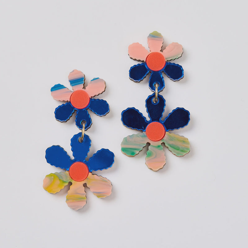 Martha Jean | Twin Dairy Chain Earrings - Blue / Peach Watercolour