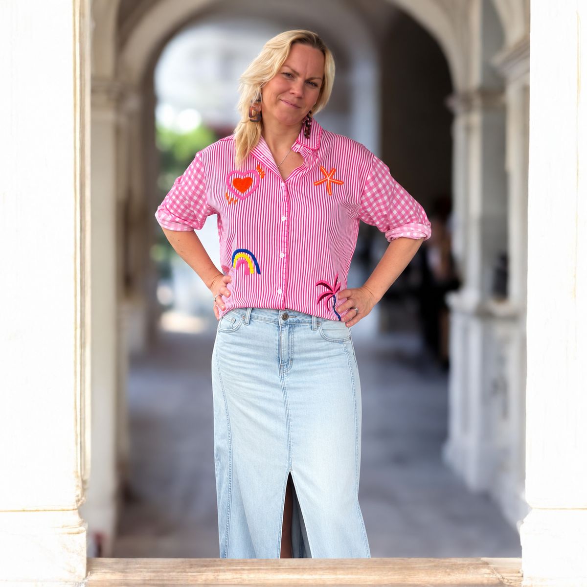 Good Things Ahead Embroidered Cotton Pink Shirt