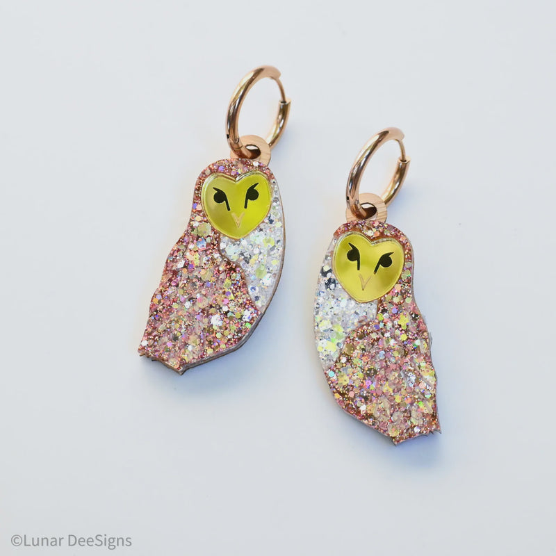 Lunar Dee | Brad the Barn Owl - ROSE Gold GLITTER version - HOOPS