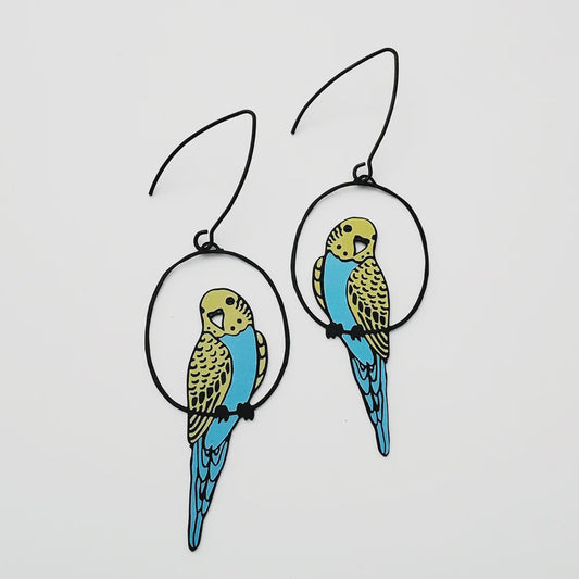 Denz | Budgie earrings in Black/Blue/Yellow