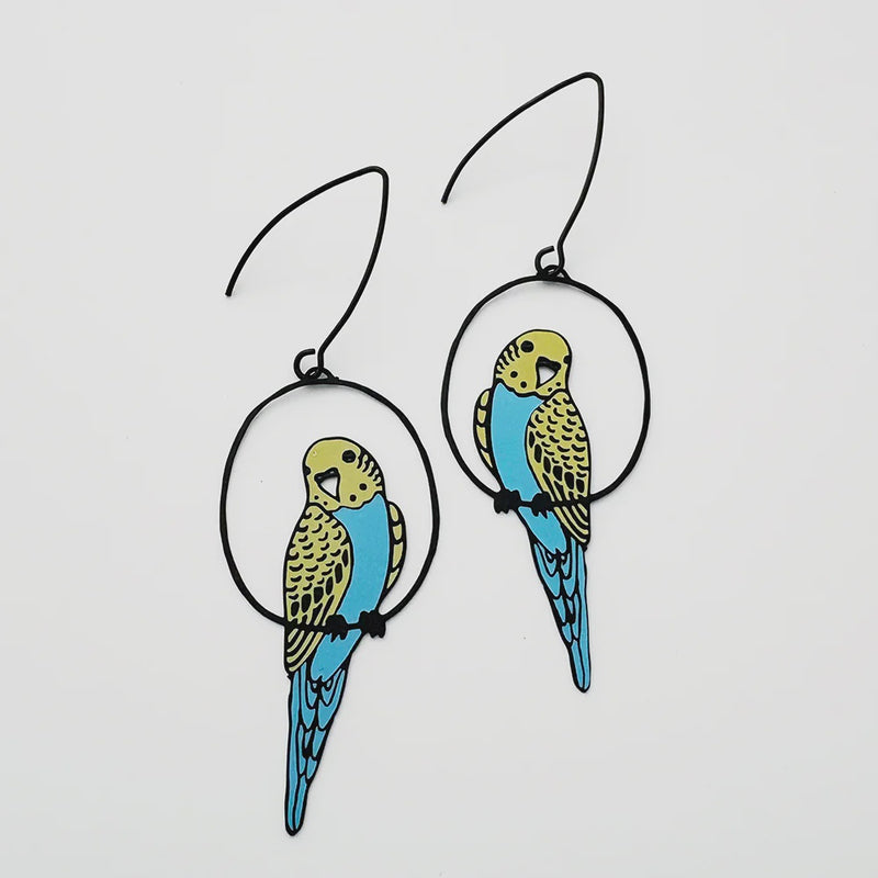 Denz | Budgie earrings in Black/Blue/Yellow