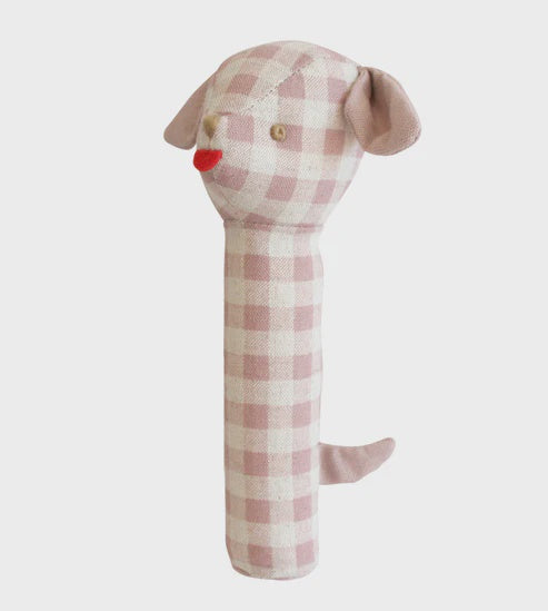 Puppy Stick Rattle Rose Check Linen