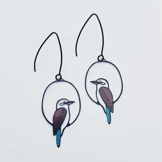 Denz | Mini Kookaburra earrings in Black/Brown/Blue