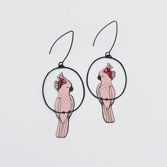 Denz | Pink Cockatoo earrings in Black/Pink/Red