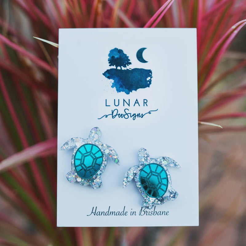 Lunar Glitter Studs | Taylor the Turtle Stud - Holographic Silver