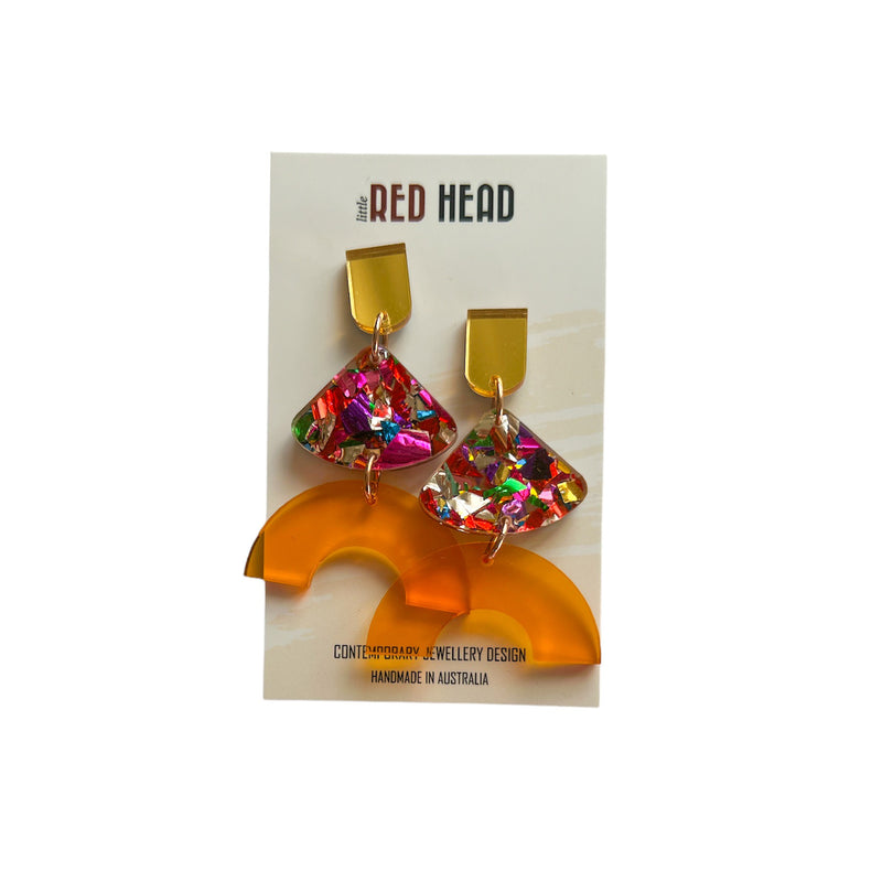 Little Red Head - Three Tier Drops - Gold/Rainbow Glitter/Orange