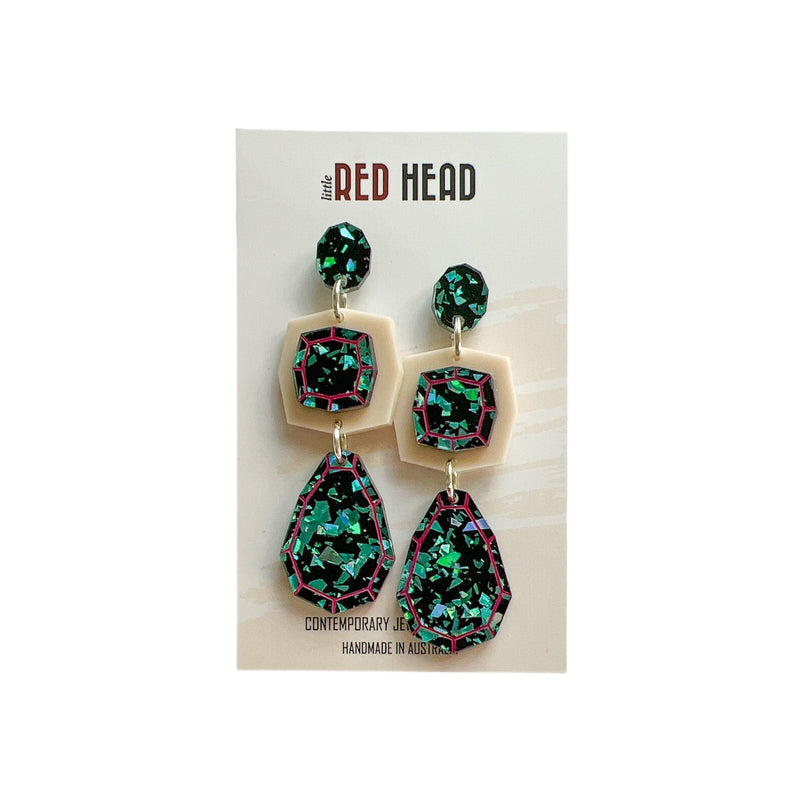 Little Red Head - Three Tier Drops - Turquoise Glitter