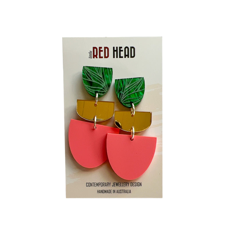 Little Red Head - Three Tier Drops - Etched Green/Gold/Pink