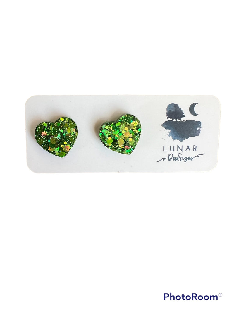 Lunar Glitter Studs | Green Hearts